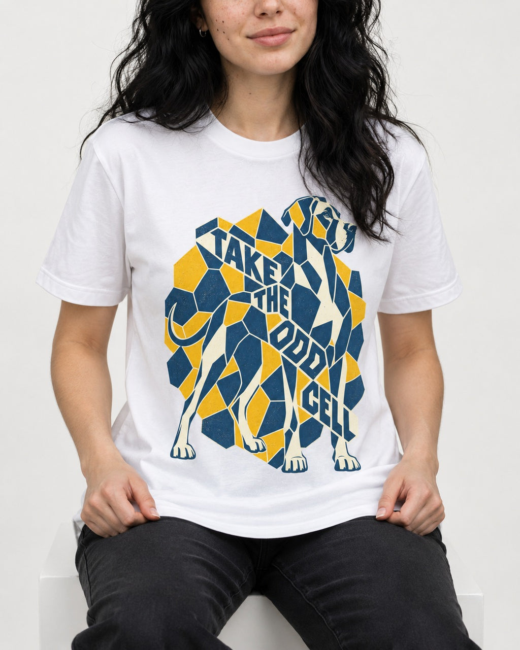 Take the Odd Cell Great Dane T-Shirt in White, worn by a seated model