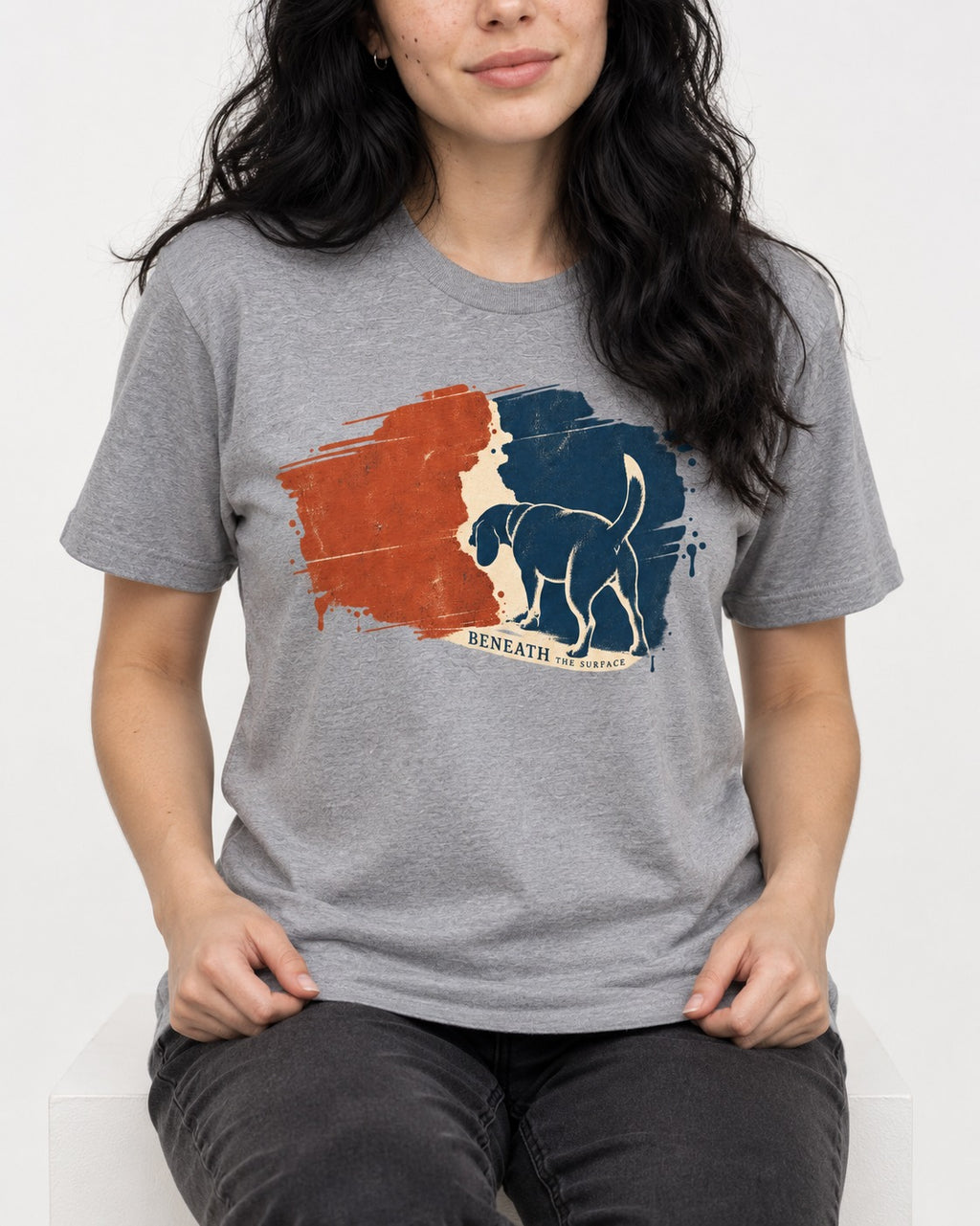 Beagle Beneath The Surface Scent Trail T-Shirt in Sport Grey, worn by a seated model