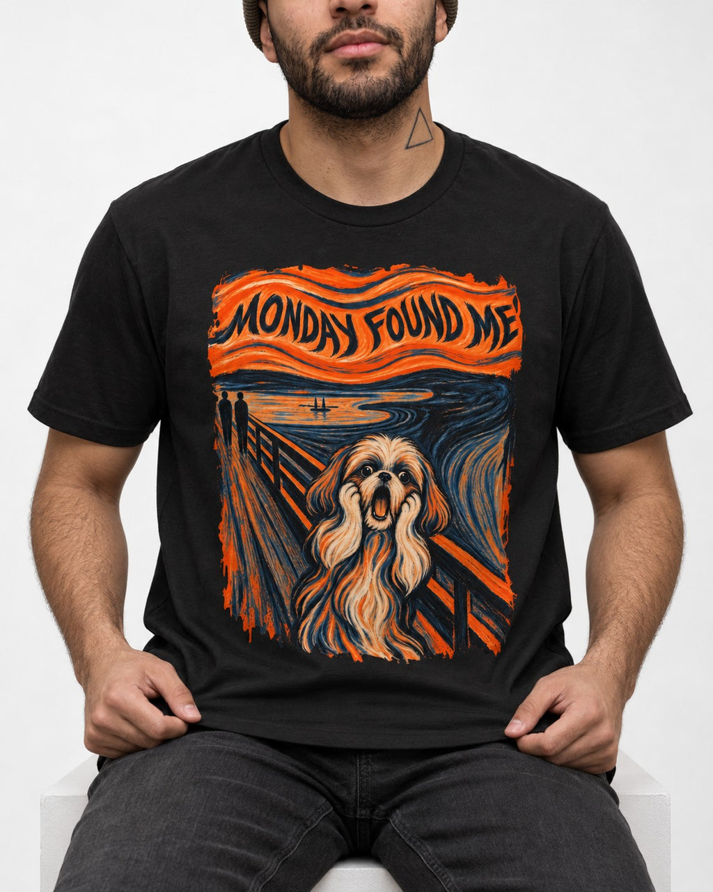 Shih Tzu Monday Found Me Scream Parody Graphic T-Shirt in Black, worn by a seated model