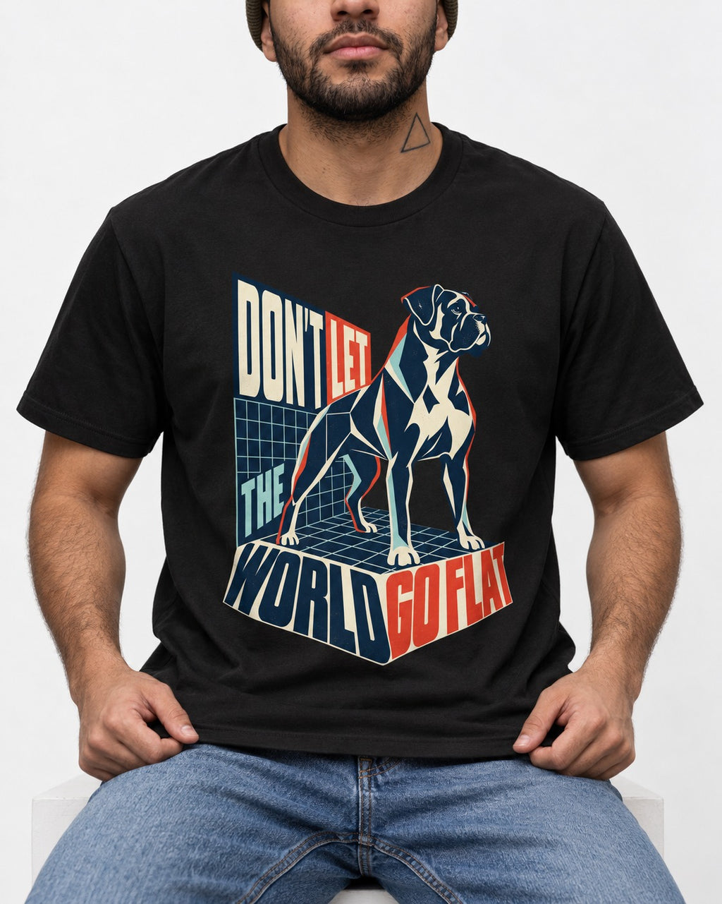 Don't Let the World Go Flat Boxer Perspective Grid Graphic T-Shirt in Black, worn by a seated model