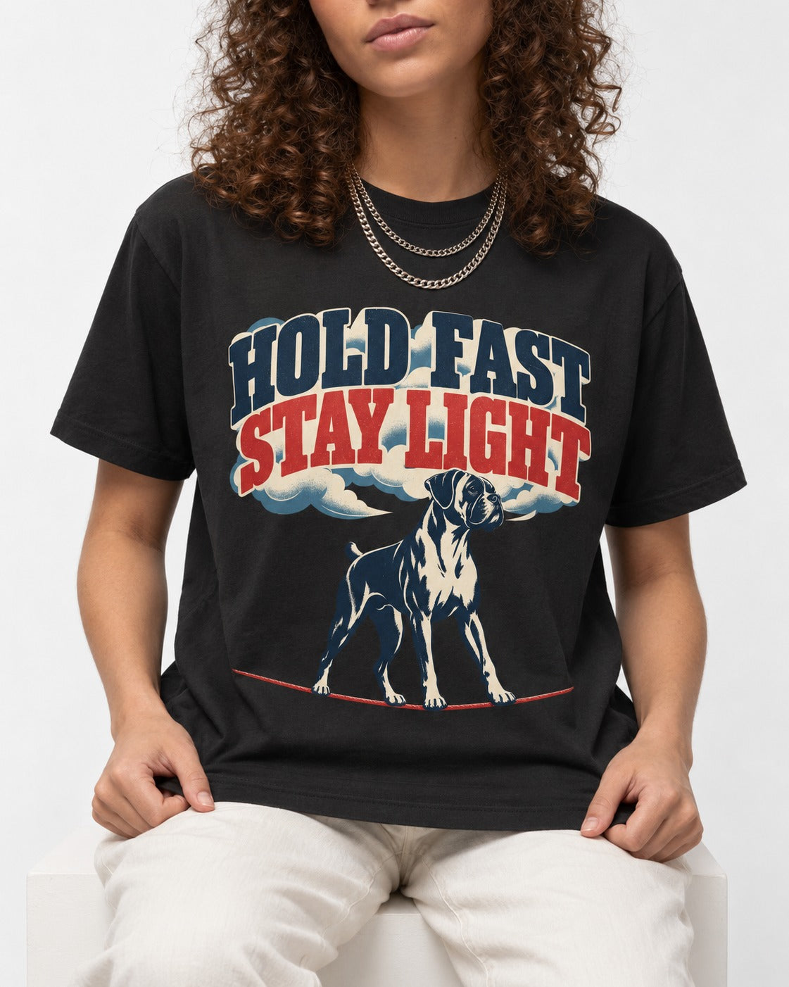 Hold Fast Stay Light Boxer Cloud Graphic T-Shirt in Black, worn by a seated model