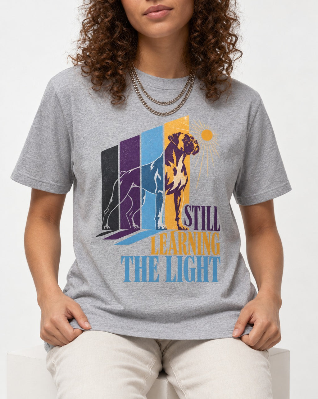 Still Learning the Light Boxer Doorway Progression Graphic T-Shirt in Sport Grey, worn by a seated model