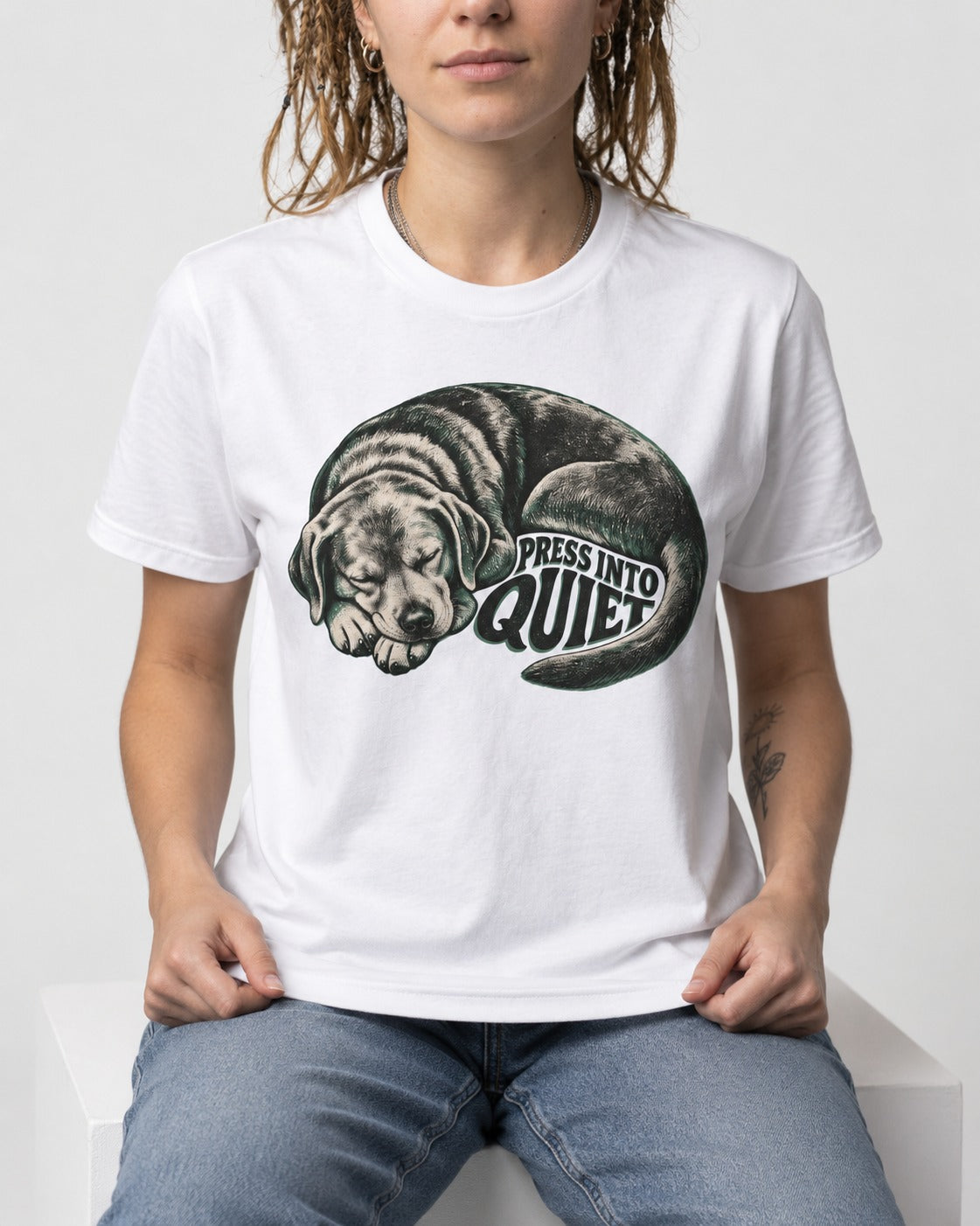Labrador Retriever Press Into Quiet T-Shirt in White, worn by a seated model