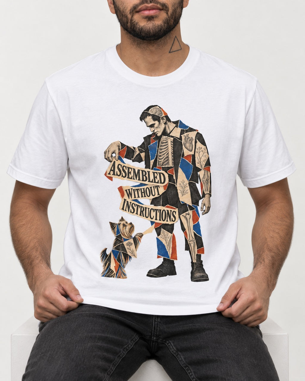 Yorkshire Terrier Assembled Without Instructions T-Shirt in White, worn by a seated model