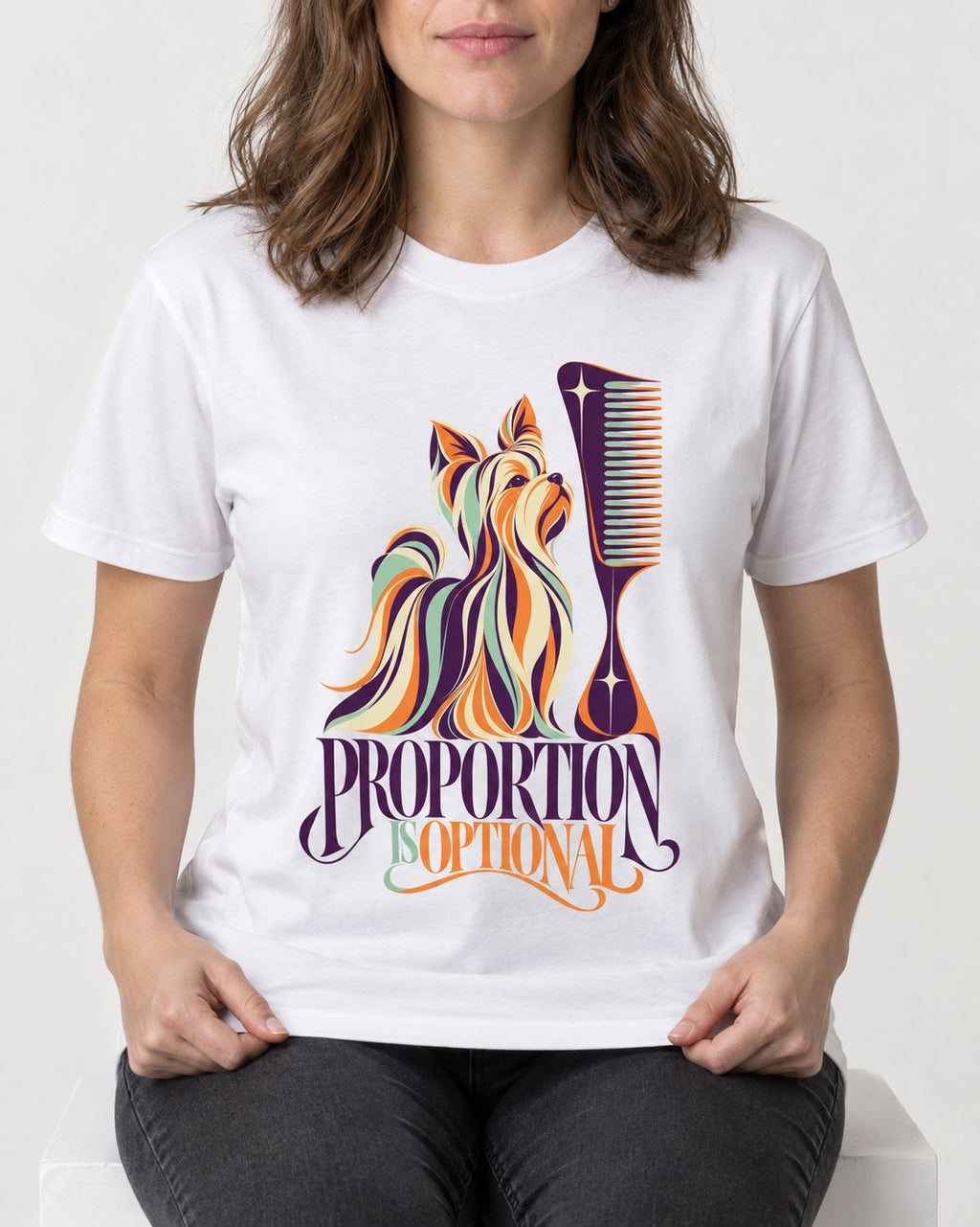 Yorkshire Terrier Proportion Is Optional T-Shirt in White, worn by a seated model