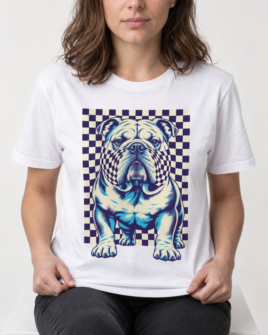 English Bulldog Double Take T-Shirt in White, worn by a seated model