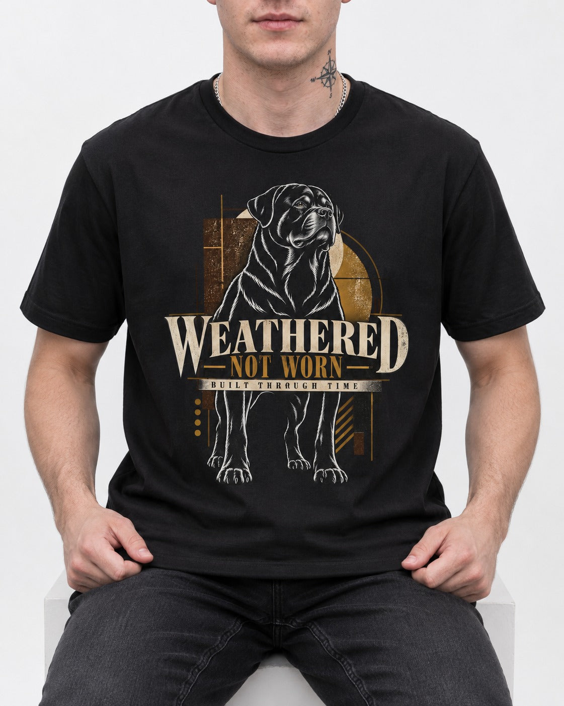 Rottweiler Weathered Not Worn Geometric Graphic T-Shirt in Black, worn by a seated model