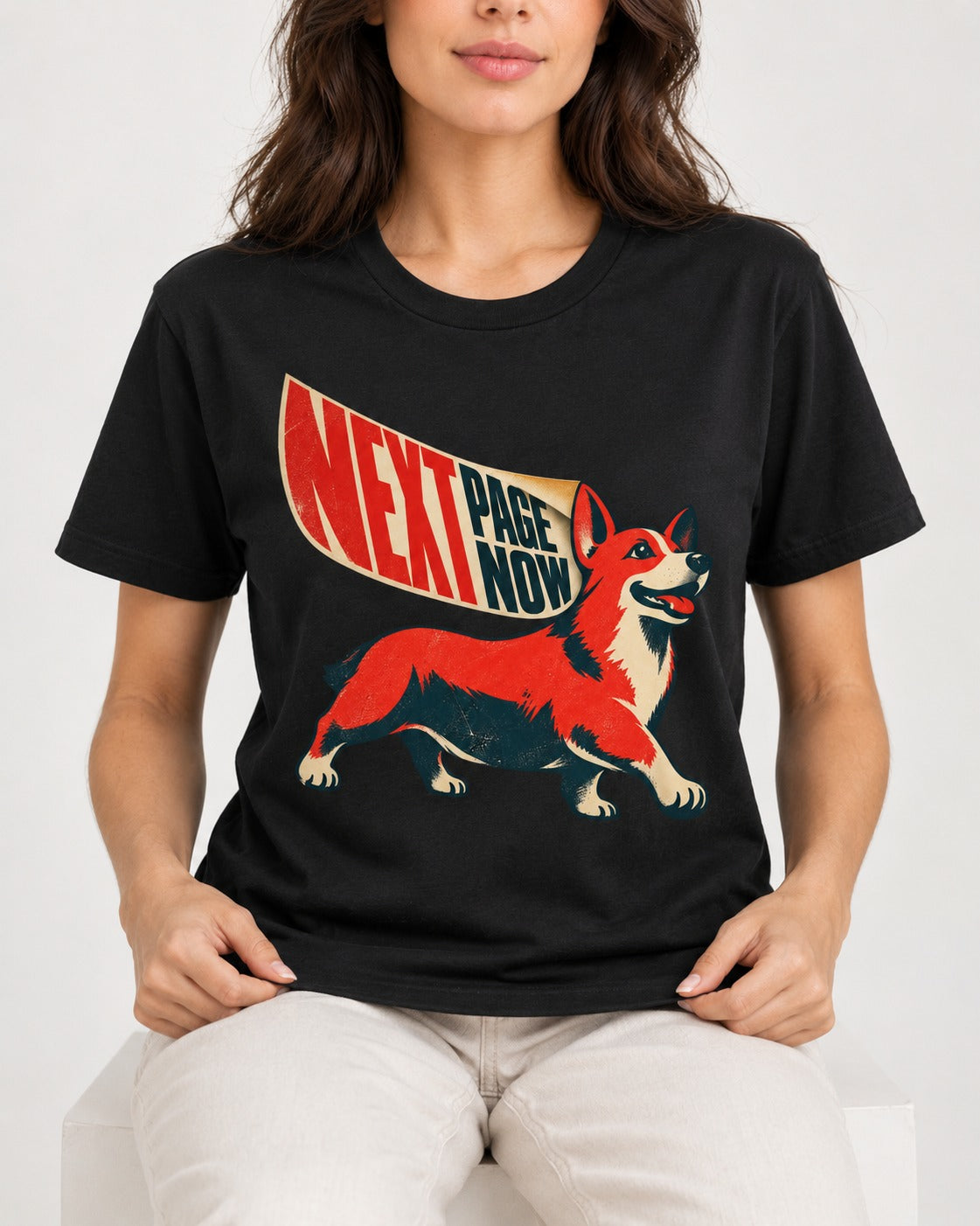 Corgi Next Page Now Pennant Graphic T-Shirt in Black, worn by a seated model
