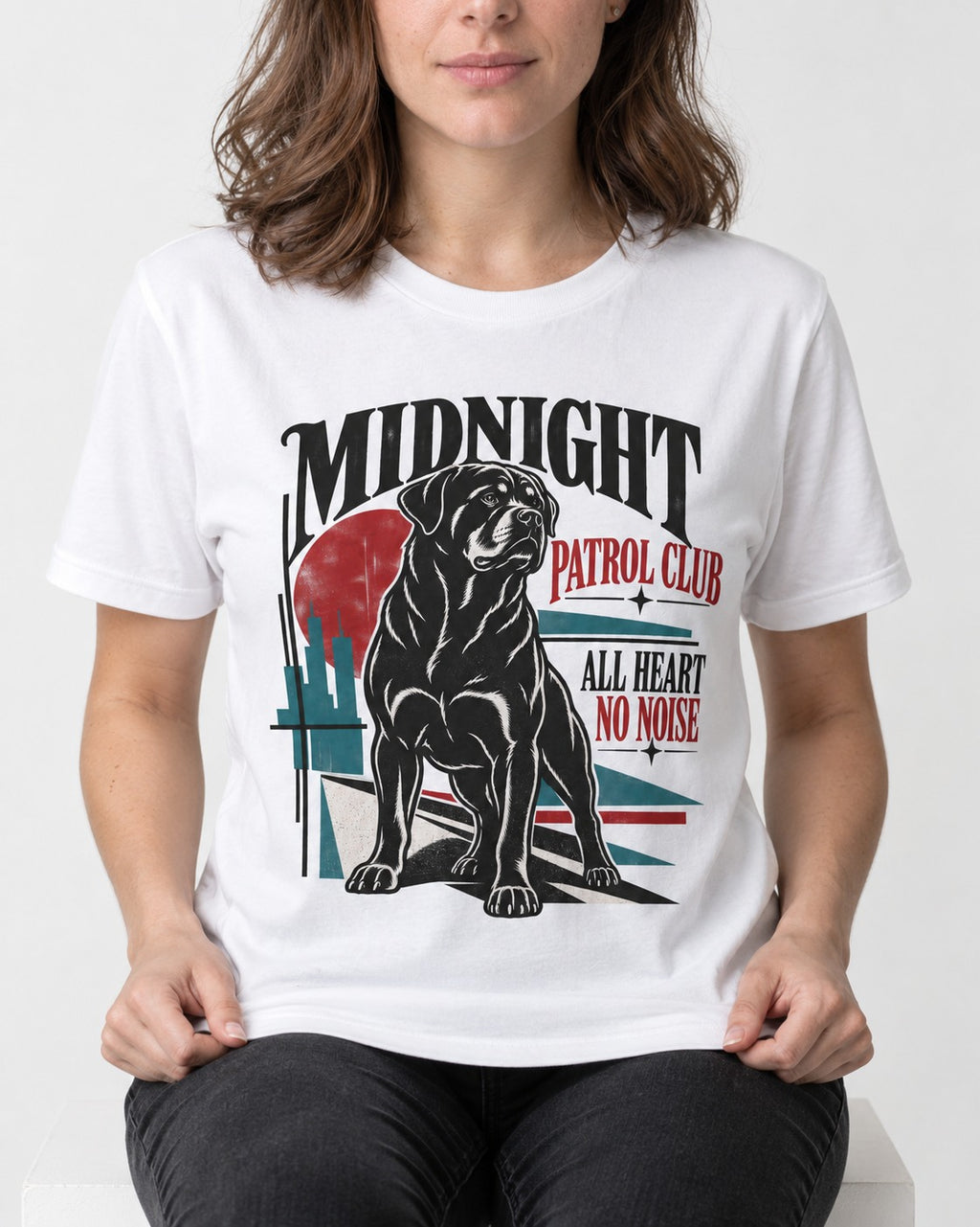 Rottweiler Midnight Patrol Club T-Shirt in White, worn by a seated model