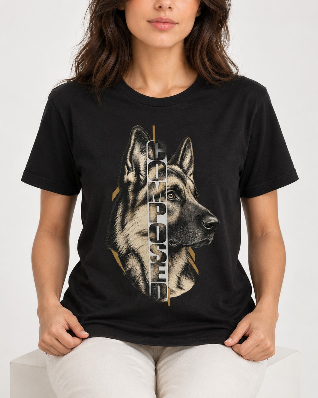 Composed Profile German Shepherd Dog Graphic T-Shirt in Black, worn by a seated model