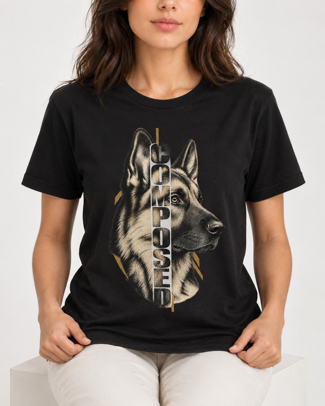 Composed Profile German Shepherd Dog Graphic T-Shirt in Black, worn by a seated model