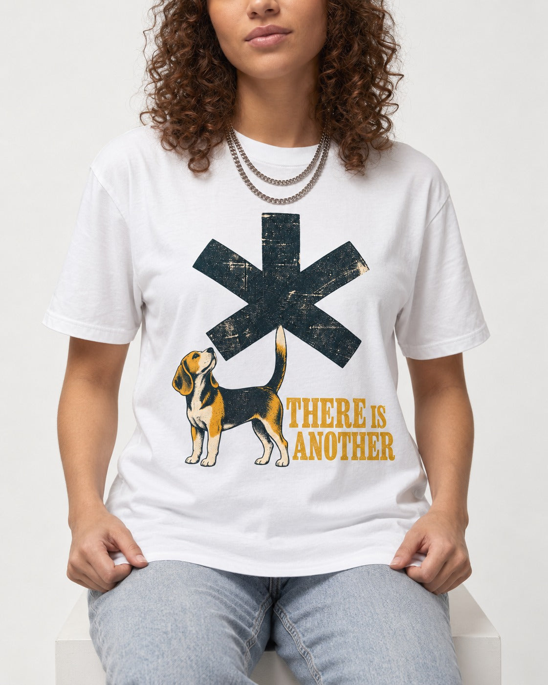 There Is Another Beagle T-Shirt in White, worn by a seated model