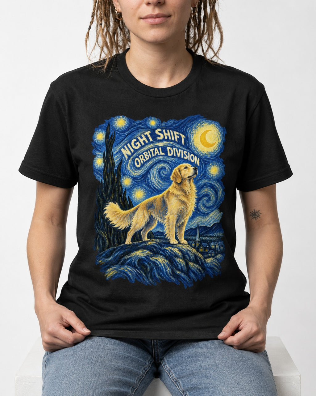 Night Shift Orbital Division Starry Night Golden Retriever Graphic T-Shirt in Black, worn by a seated model