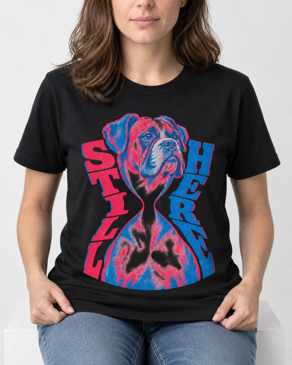 Stay Here Boxer Duotone Portrait T-Shirt in Black, worn by a seated model