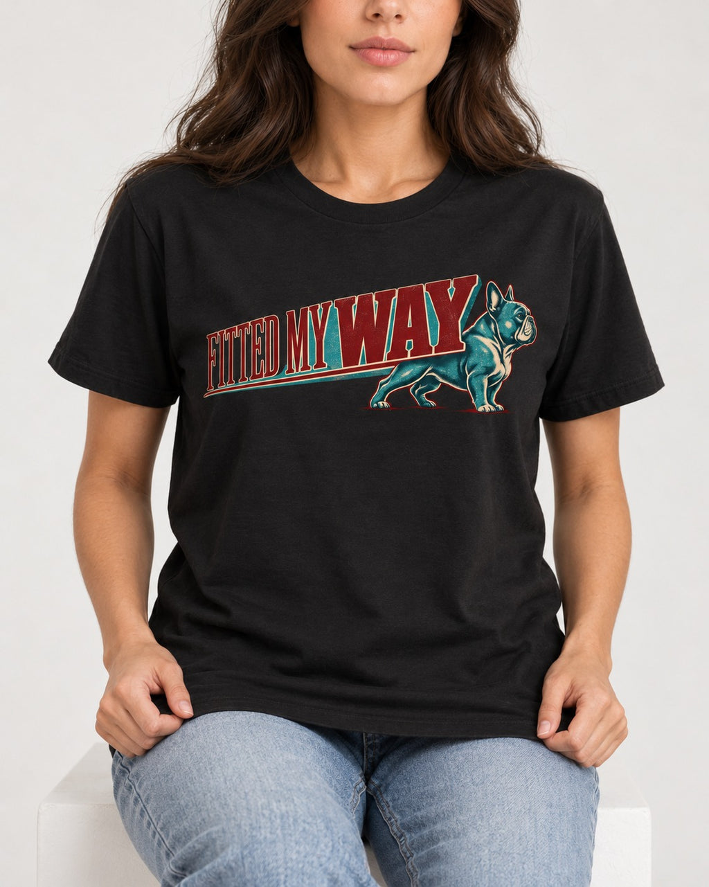 Frenchie Fitted My Way Collegiate Graphic T-Shirt in Black, worn by a seated model