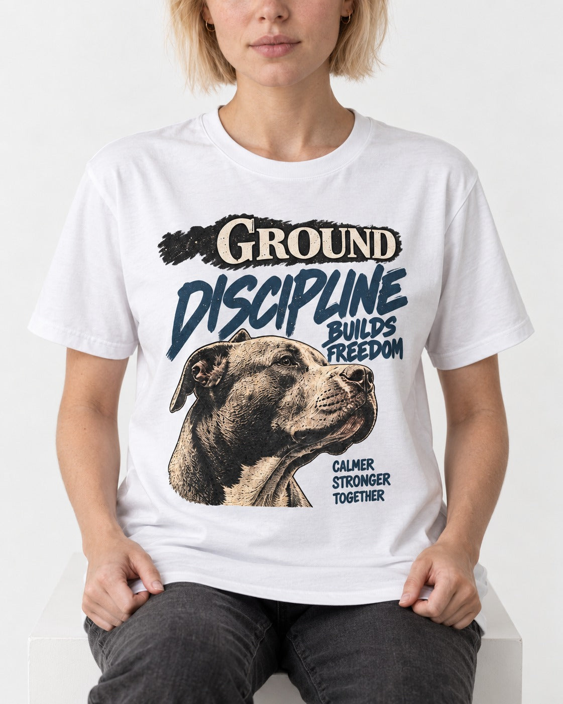 Pitbull Discipline Builds Freedom T-Shirt in White, worn by a seated model