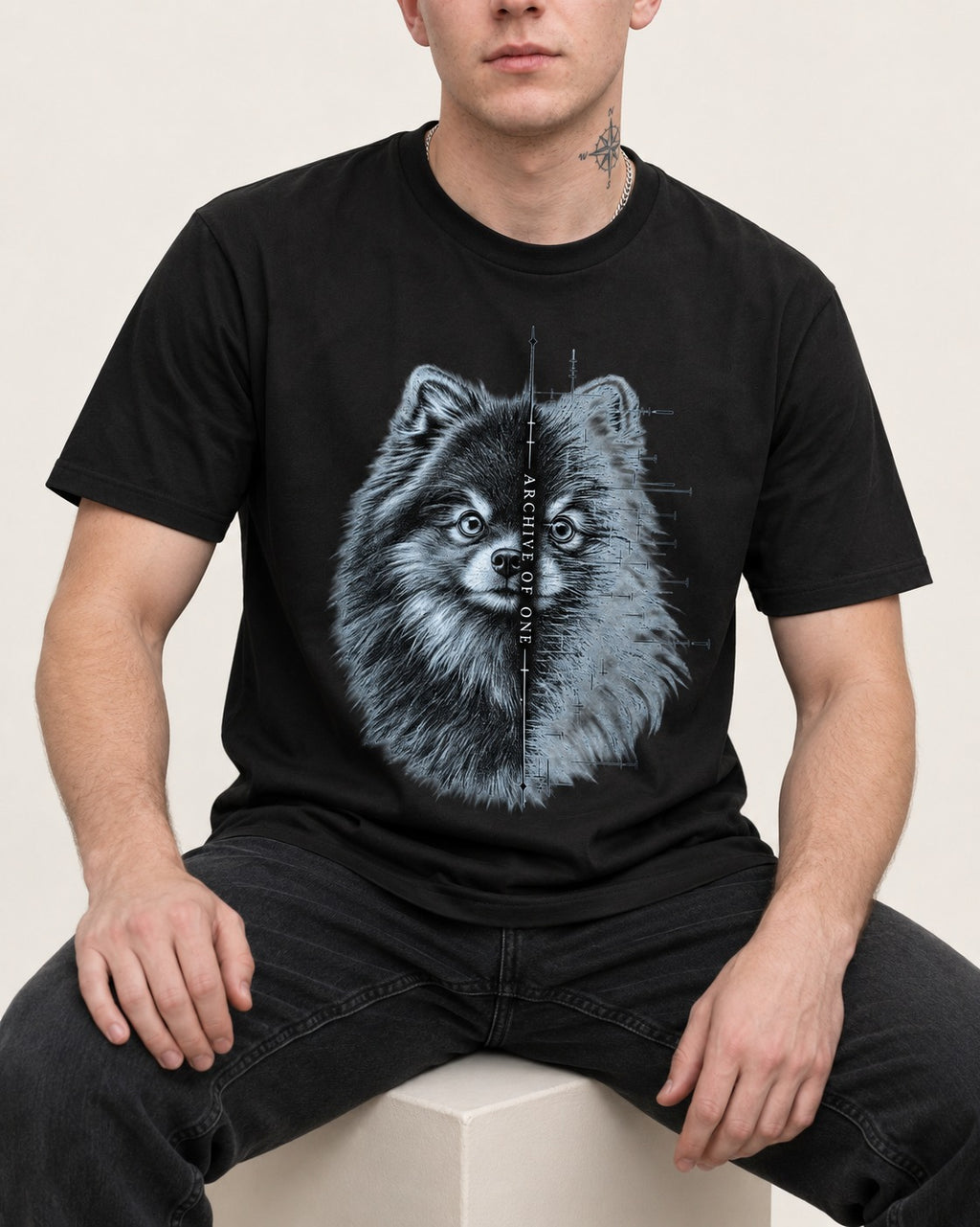 Pomeranian Archive of One Split Portrait Graphic T-Shirt in Black, worn by a seated model