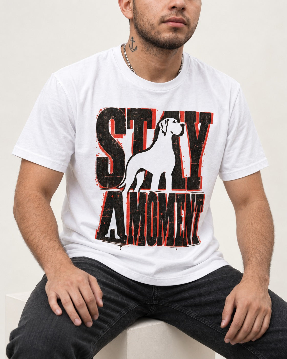 Stay a Moment Great Dane T-Shirt in White, worn by a seated model