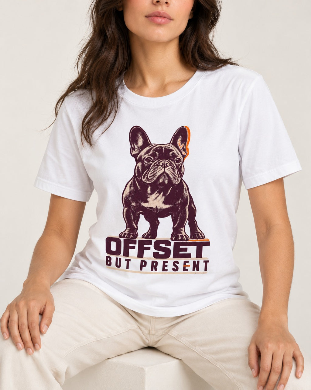 Offset but Present Frenchie T-Shirt in White, worn by a seated model