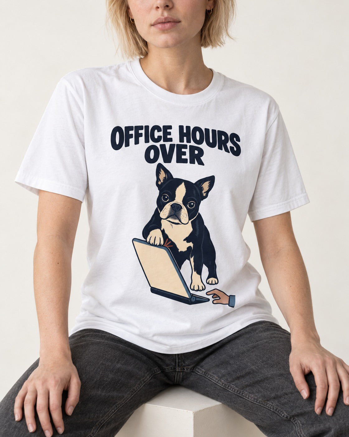 Boston Terrier Office Hours Over T-Shirt in White, worn by a seated model