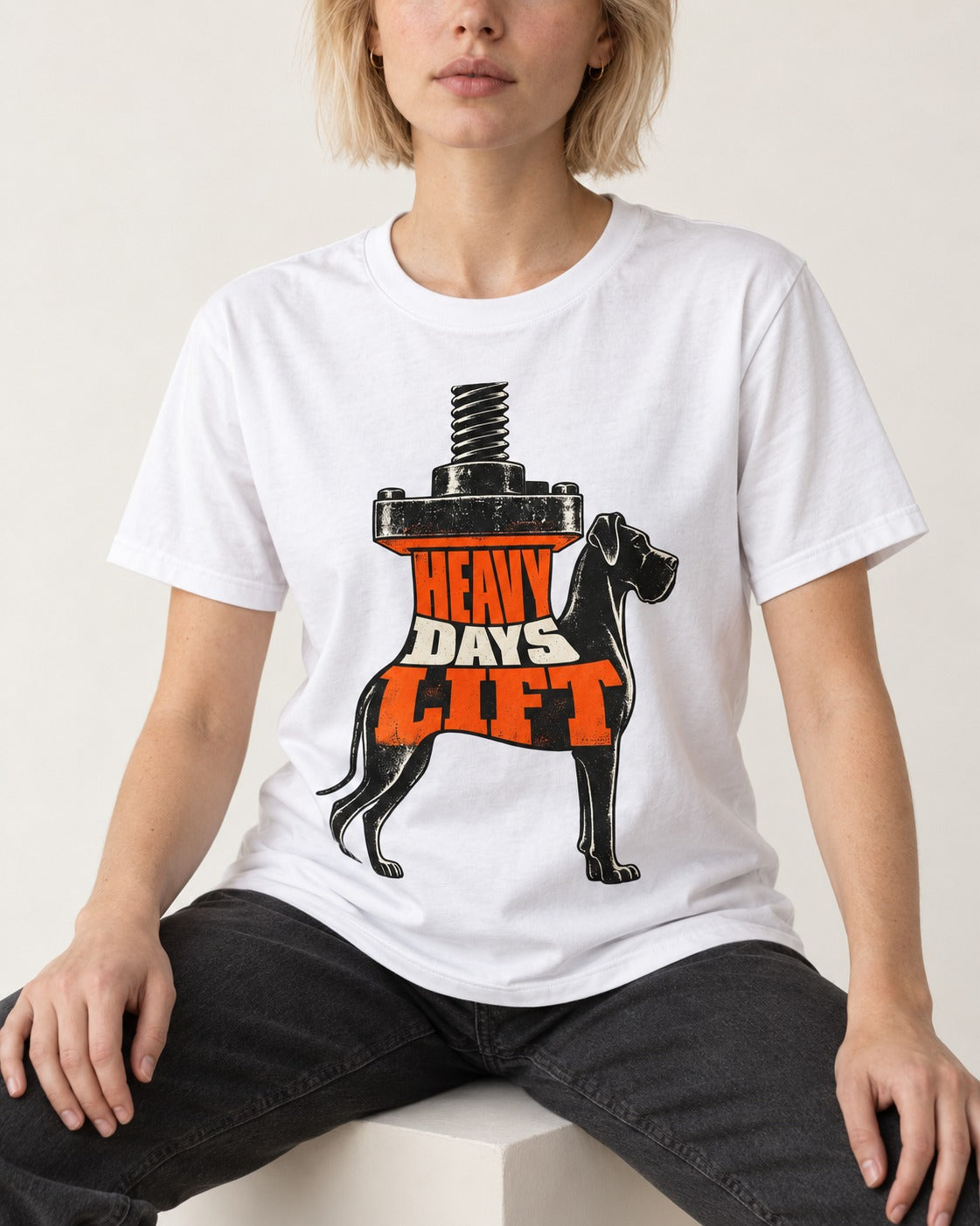 Great Dane Heavy Days Lift T-Shirt in White, worn by a seated model