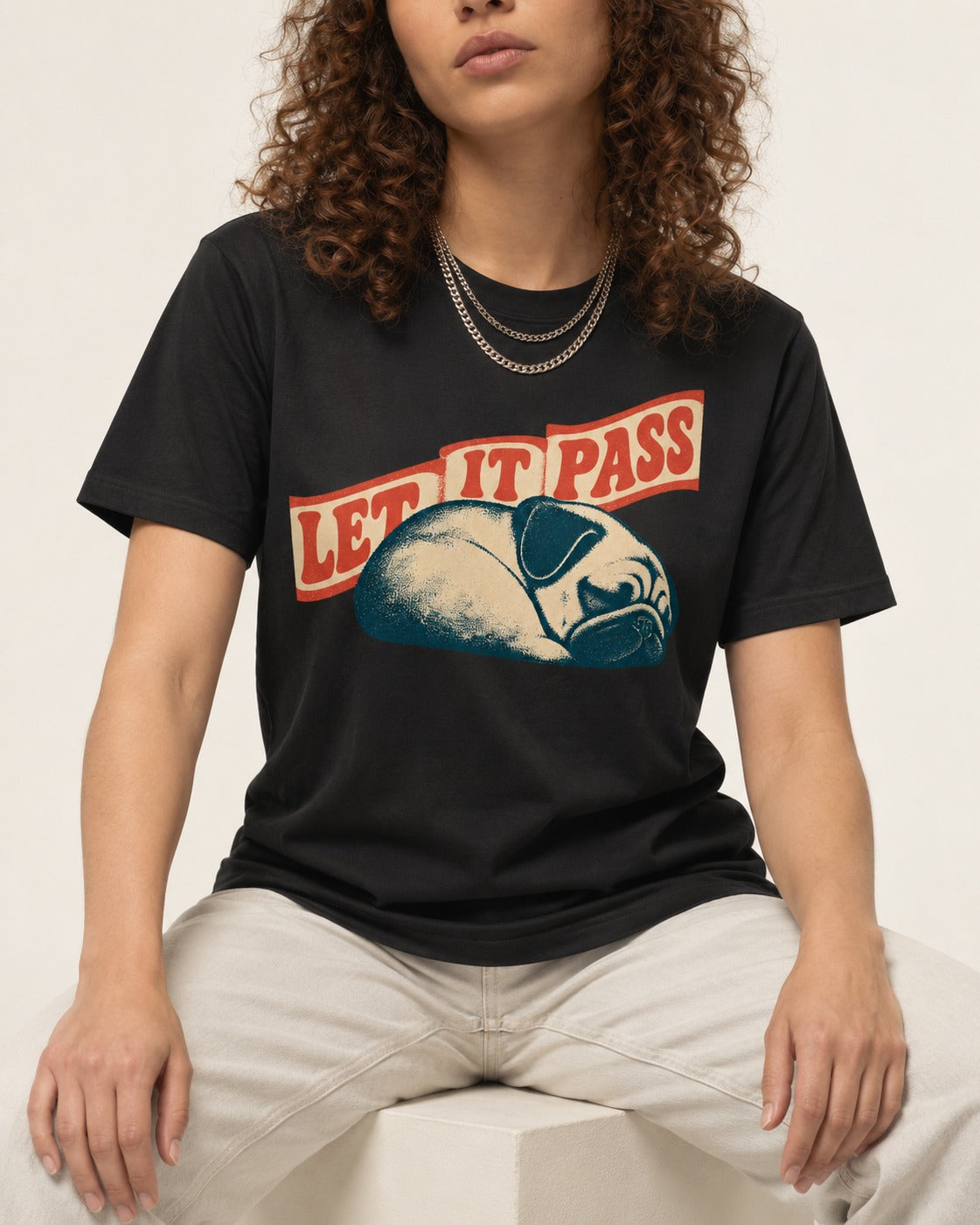 Pug Let It Pass Sleeping Banner Graphic T-Shirt in Black, worn by a seated model