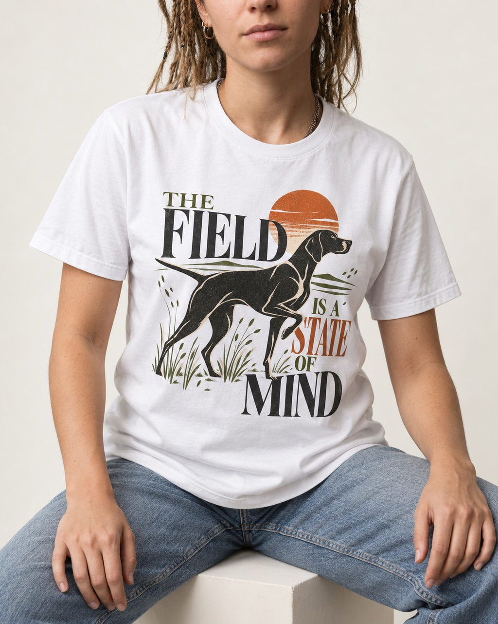 German Shorthaired Pointer Field State of Mind T-Shirt in White, worn by a seated model