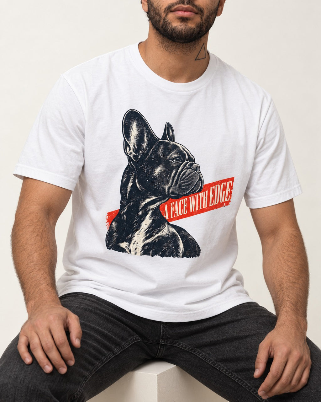 Frenchie Face with Edge T-Shirt in White, worn by a seated model