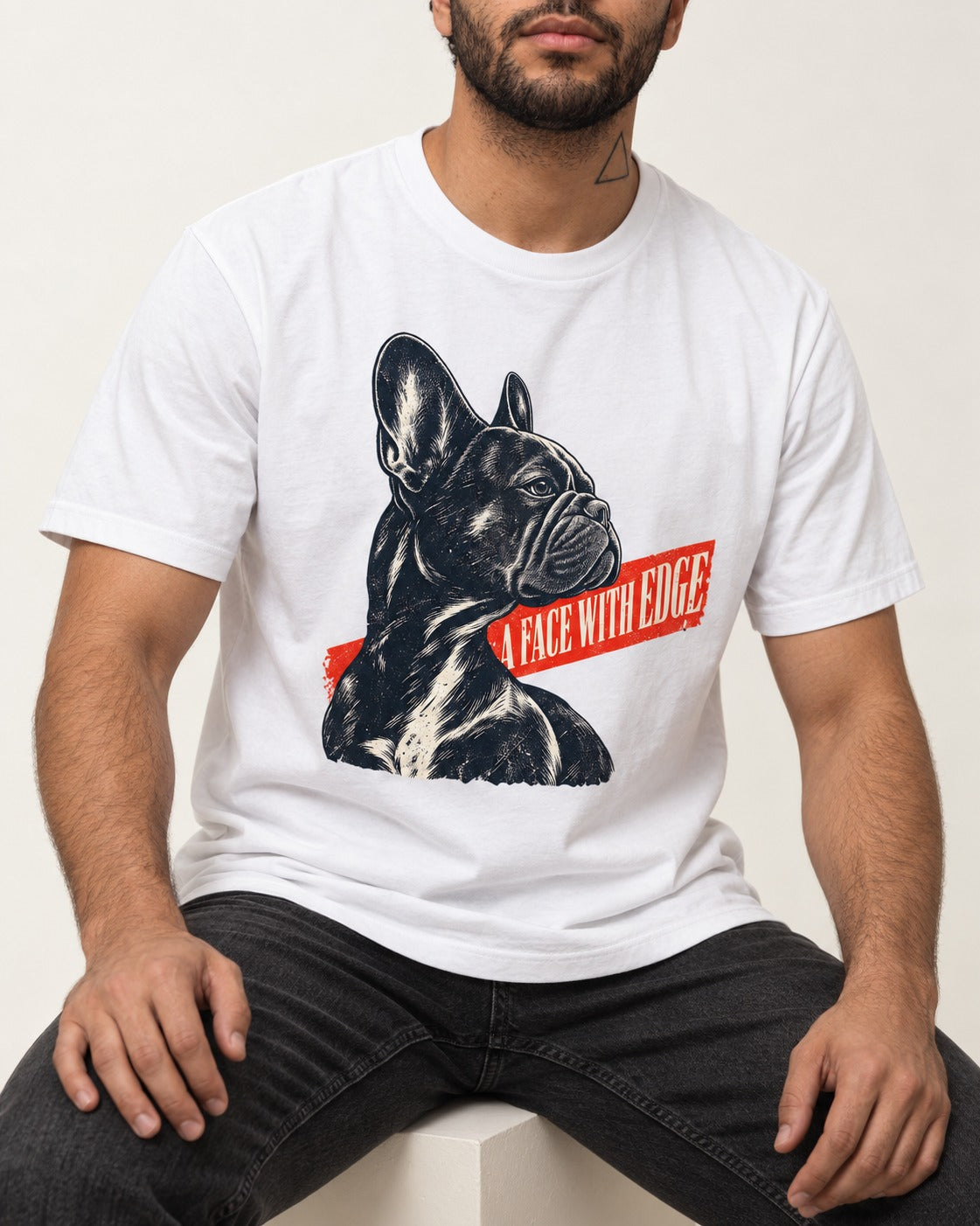 Frenchie Face with Edge T-Shirt in White, worn by a seated model