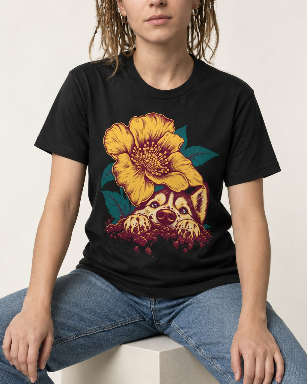 Husky Flower Witness Peeking Floral Graphic T-Shirt in Black, worn by a seated model