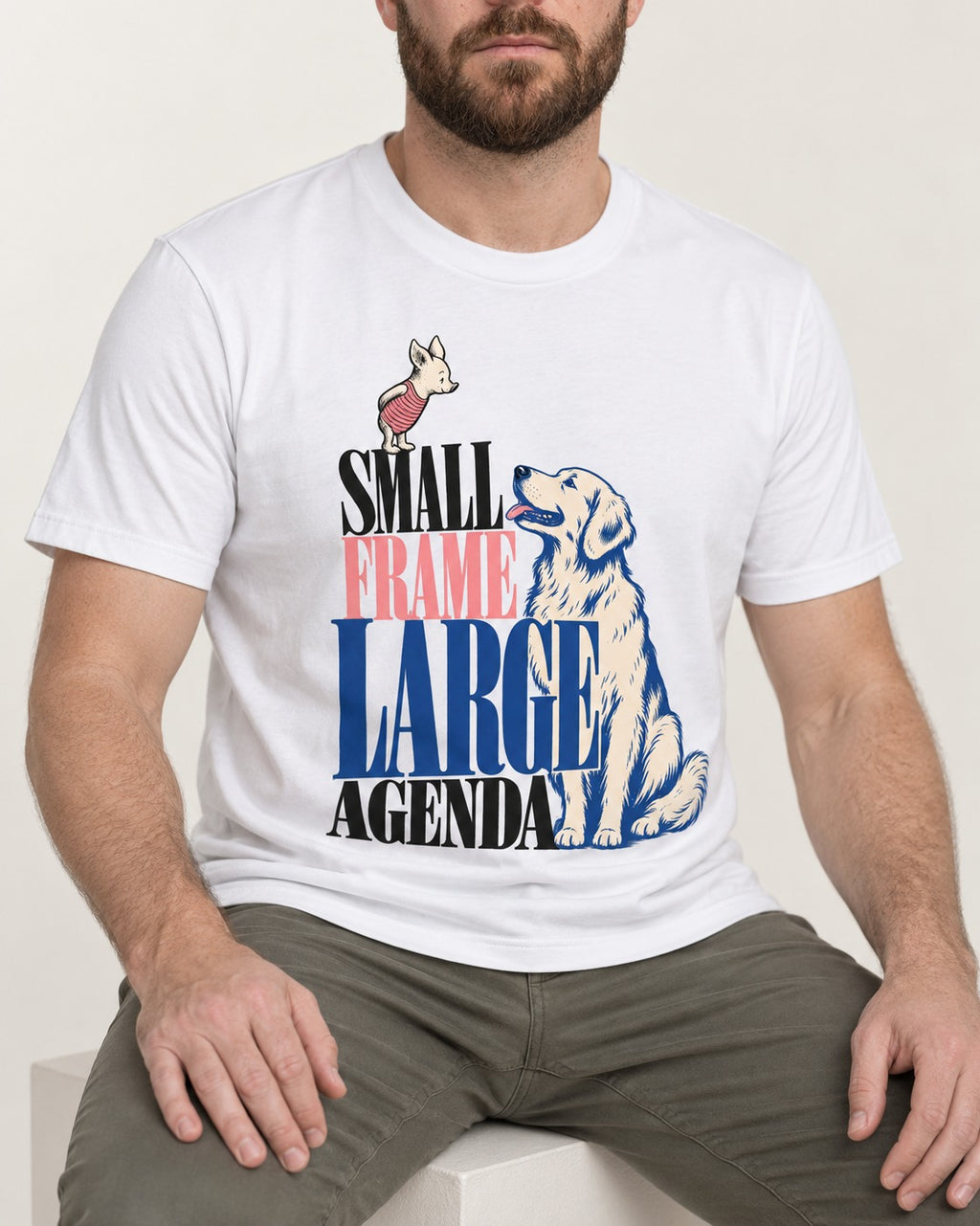 Small Frame Large Agenda Golden Retriever T-Shirt in White, worn by a seated model