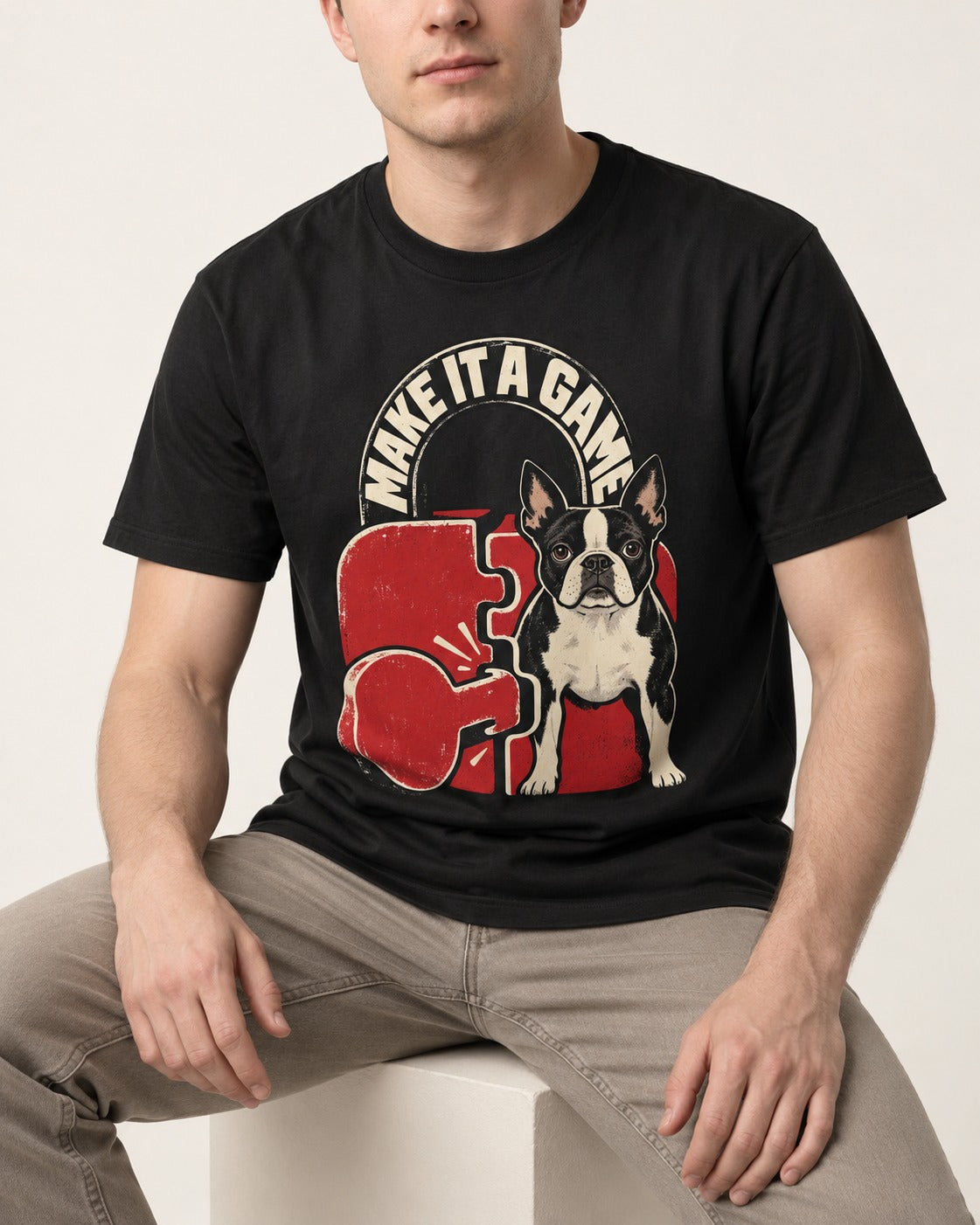 Boston Terrier Make It a Game T-Shirt in Black, worn by a seated model