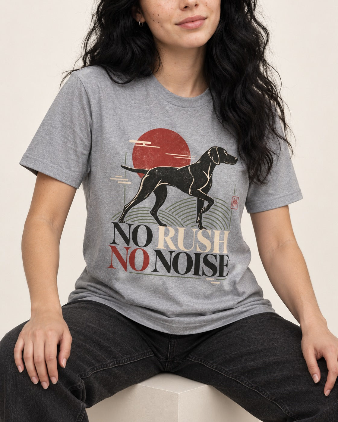 German Shorthaired Pointer No Rush No Noise Sunset Graphic T-Shirt in Sport Grey, worn by a seated model