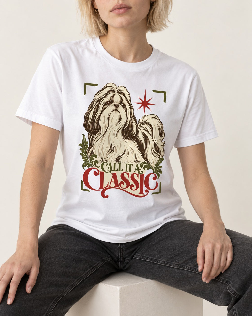 Call It a Shih Tzu Classic T-Shirt in White, worn by a seated model