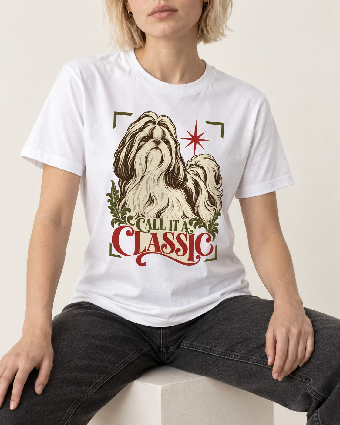 Call It a Shih Tzu Classic T-Shirt in White, worn by a seated model