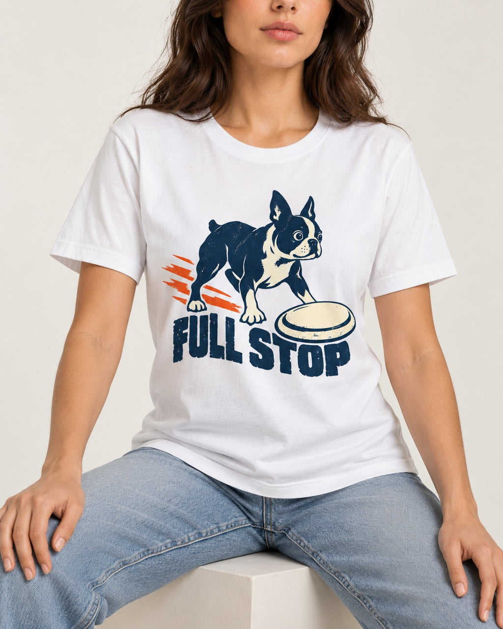 Boston Terrier Full Stop T-Shirt in White, worn by a seated model