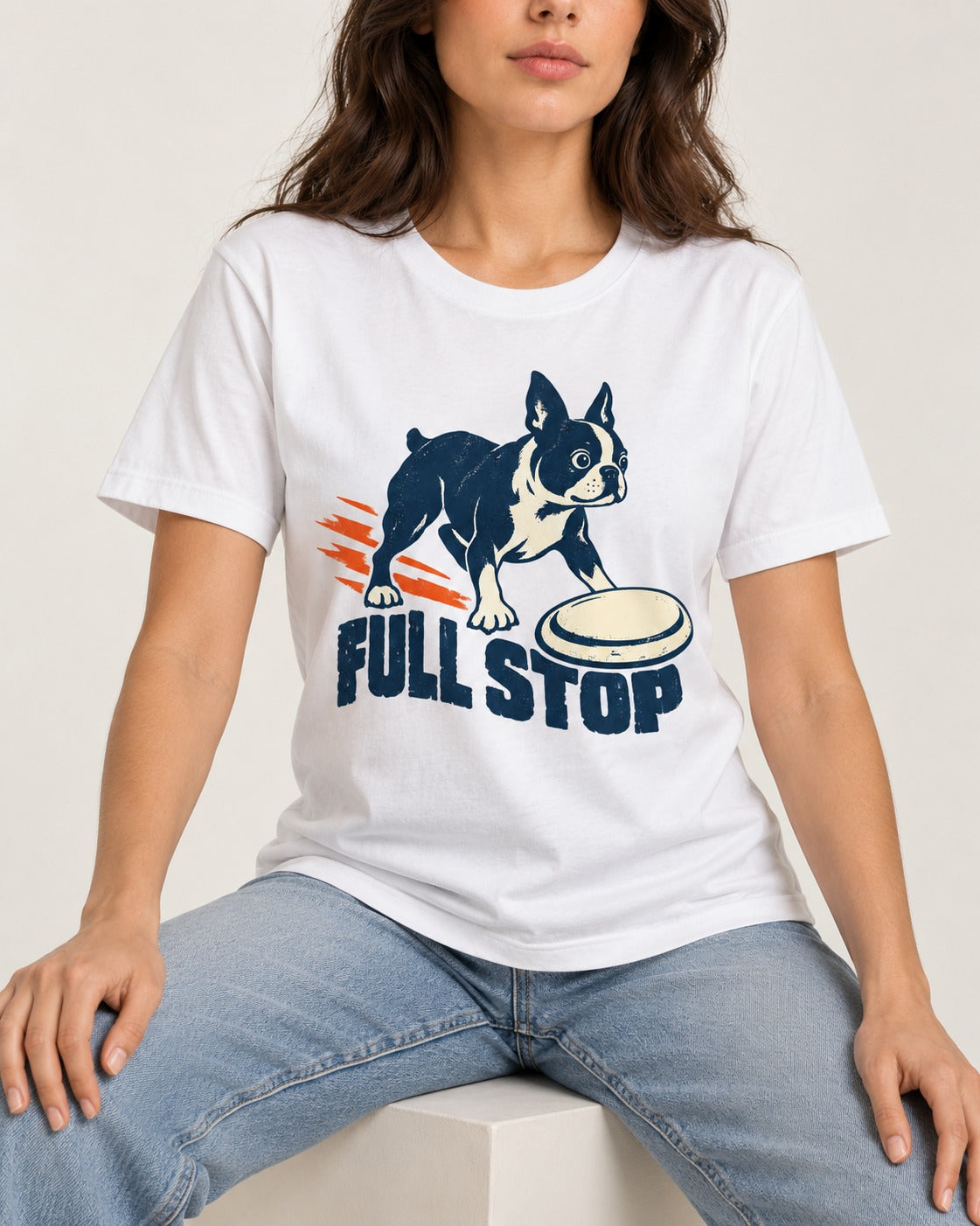 Boston Terrier Full Stop T-Shirt in White, worn by a seated model