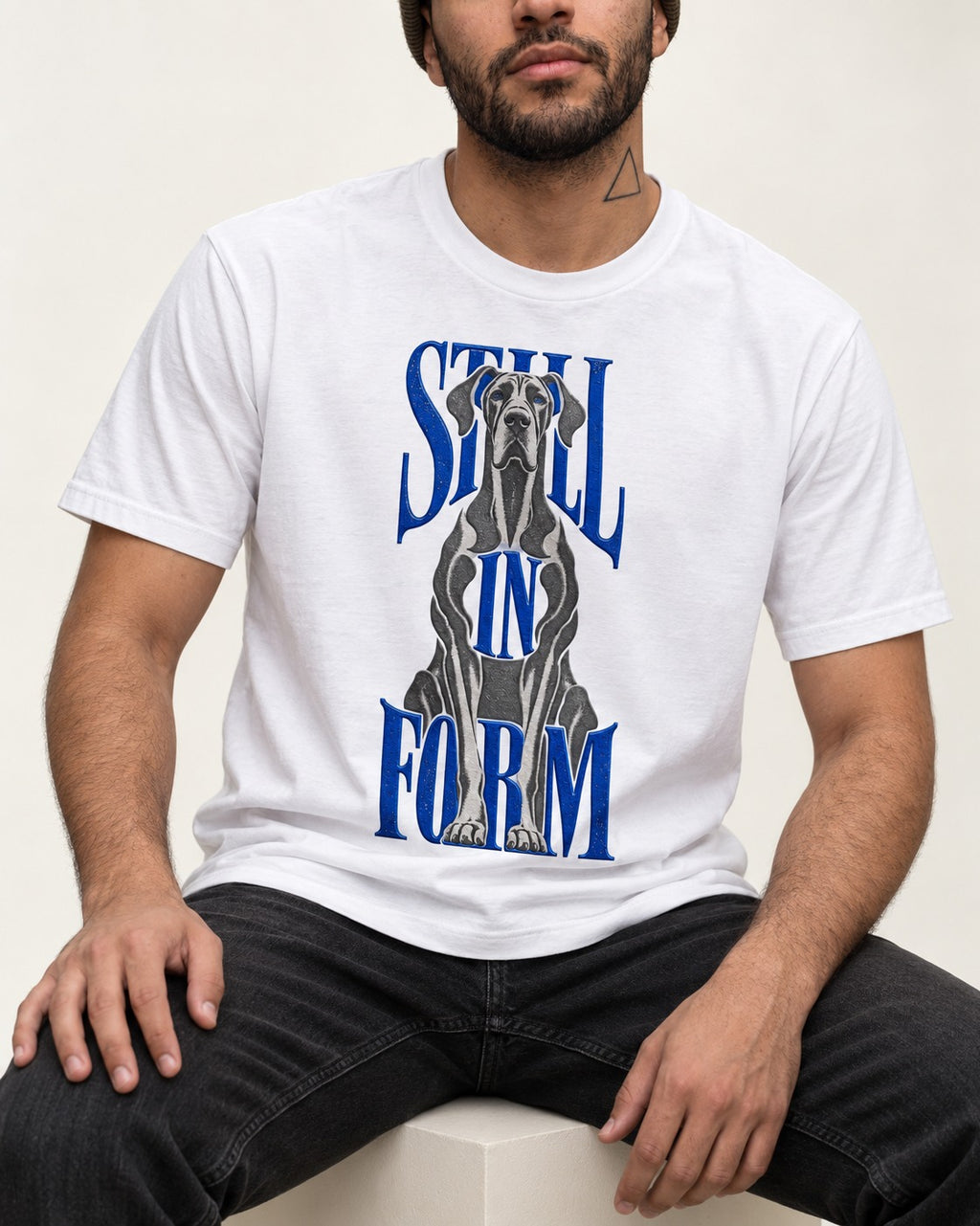 Still in Form Great Dane T-Shirt in White, worn by a seated model