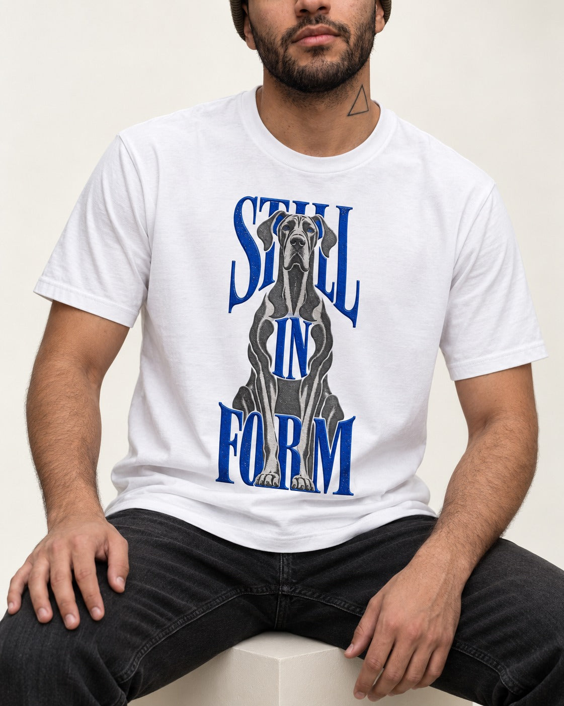 Still in Form Great Dane T-Shirt in White, worn by a seated model