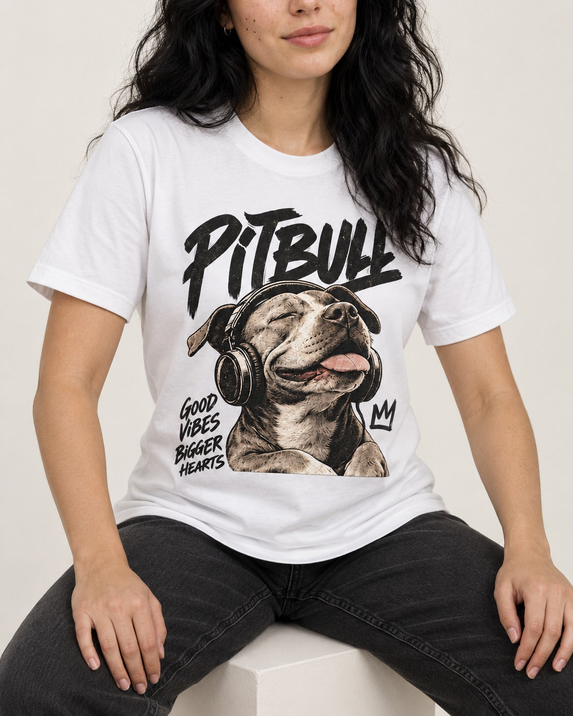 Pitbull Good Vibes Bigger Hearts T-Shirt in White, worn by a seated model