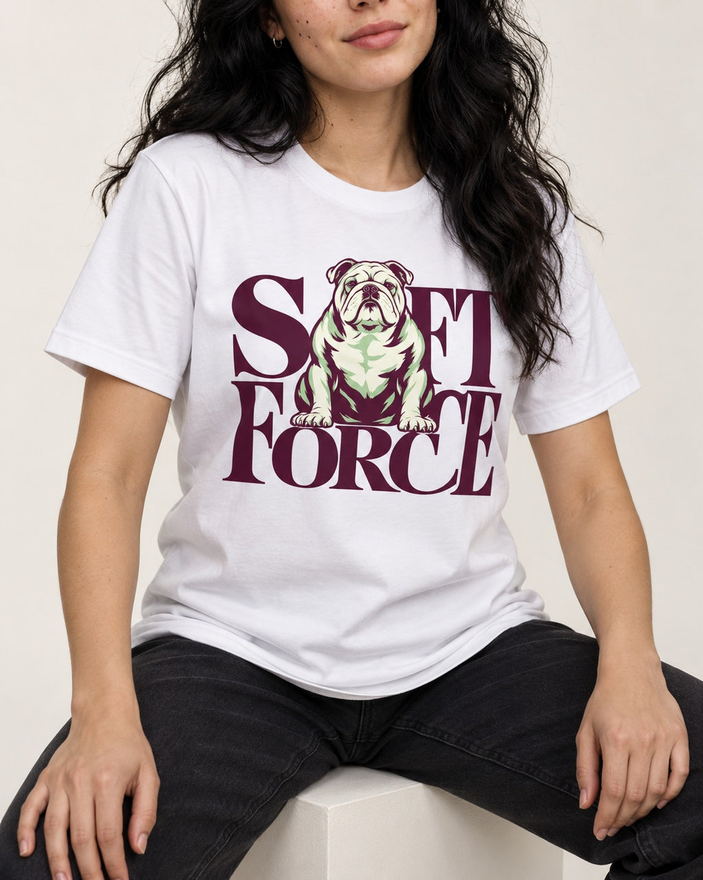 Set Force English Bulldog T-Shirt in White, worn by a seated model