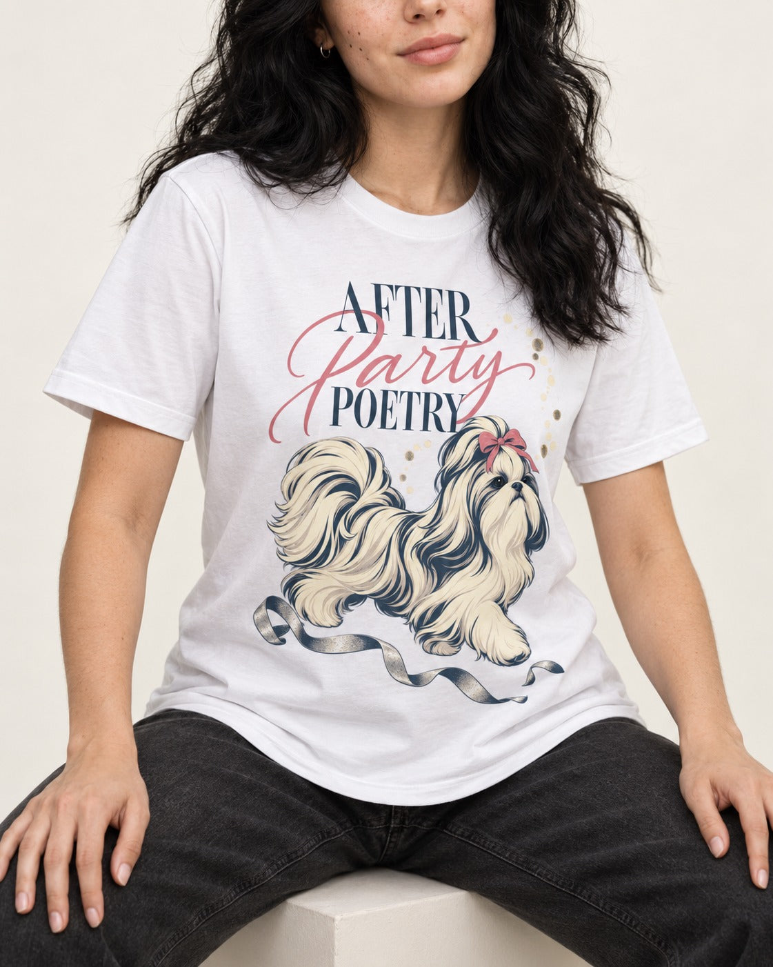 After Party Poetry Shih Tzu T-Shirt in White, worn by a seated model