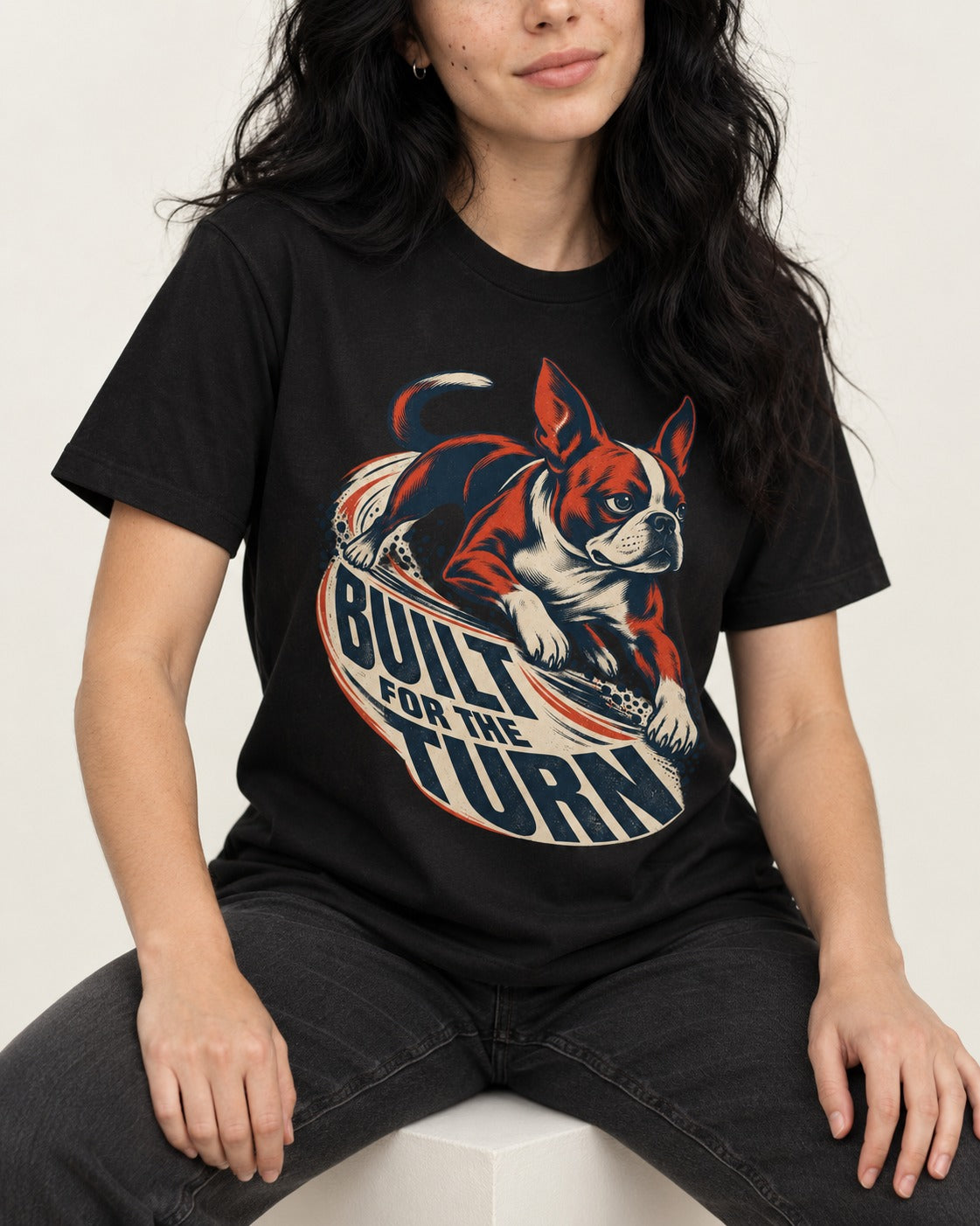 Built for the Turn Boston Terrier T-Shirt in Black, worn by a seated model