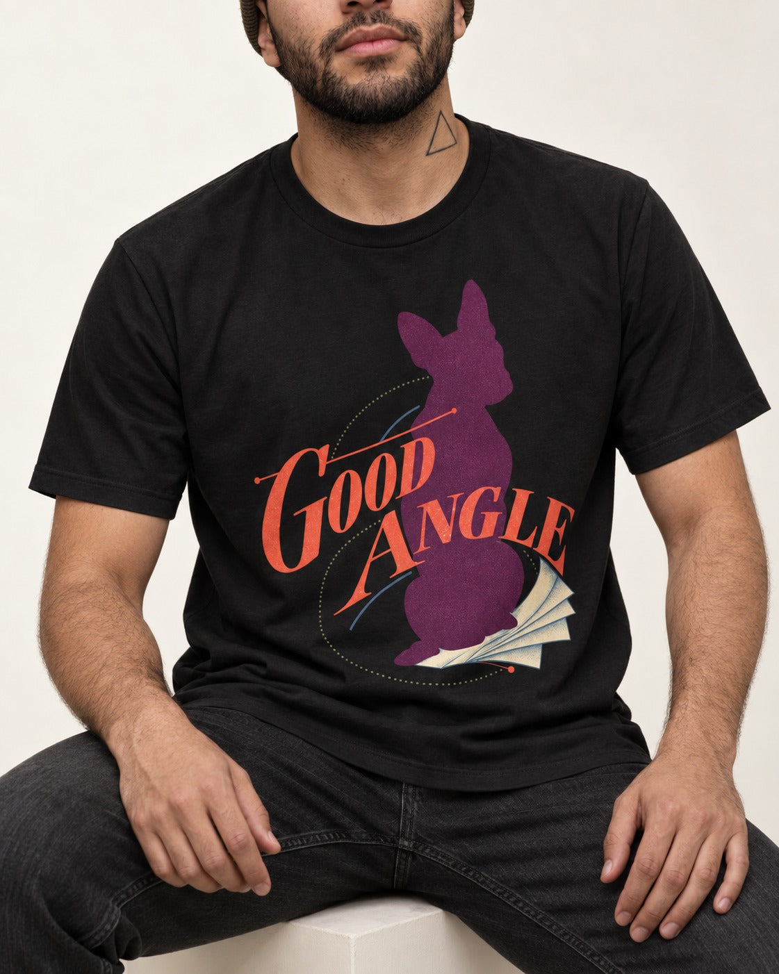 Good Angle Boston Terrier Paper Graphic T-Shirt in Black, worn by a seated model