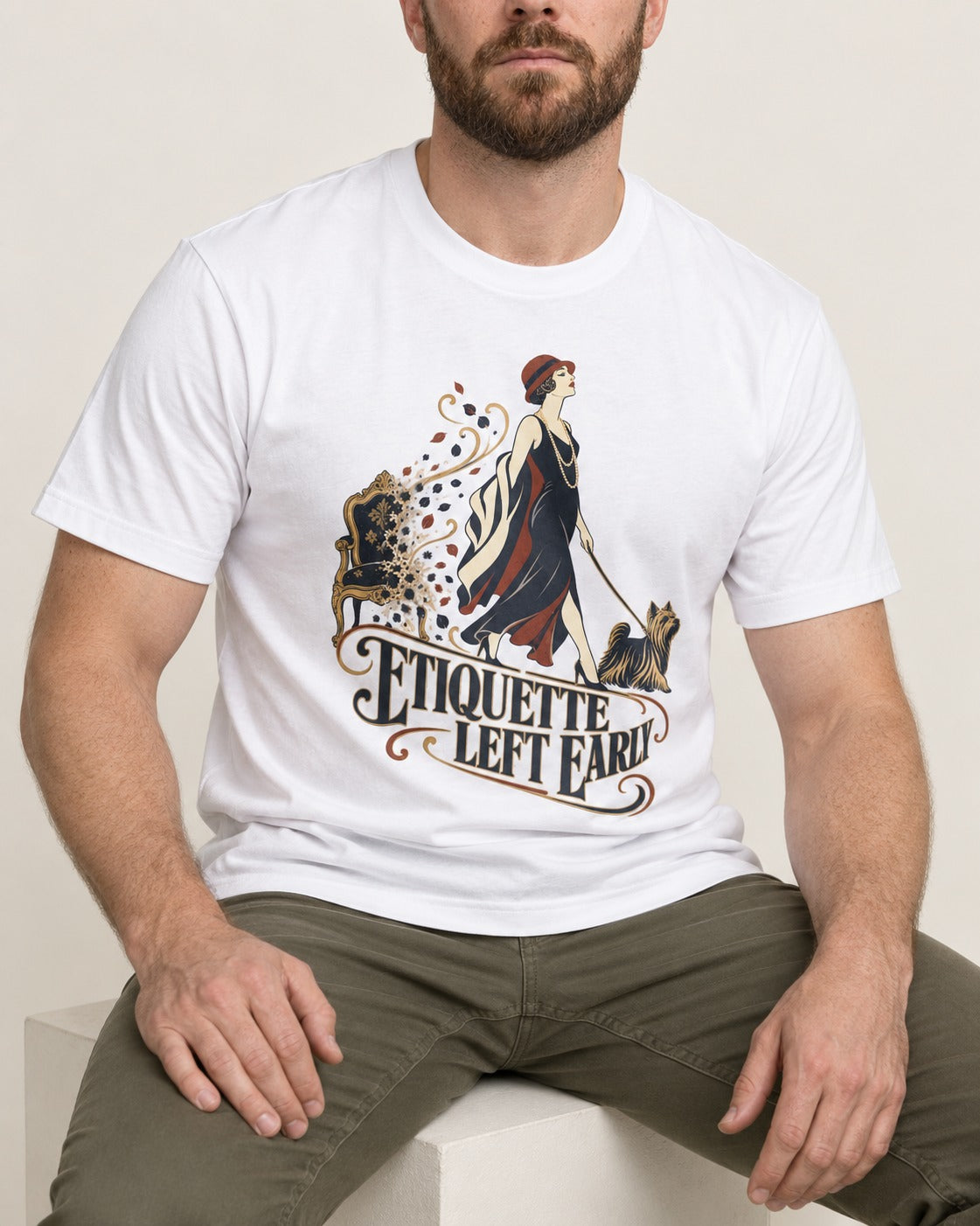Yorkshire Terrier Etiquette Left Early T-Shirt in White, worn by a seated model
