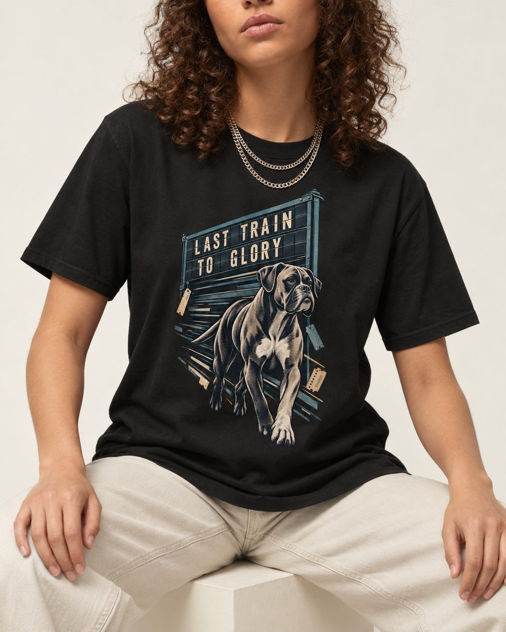 Last Train to Glory Boxer T-Shirt in Black, worn by a seated model