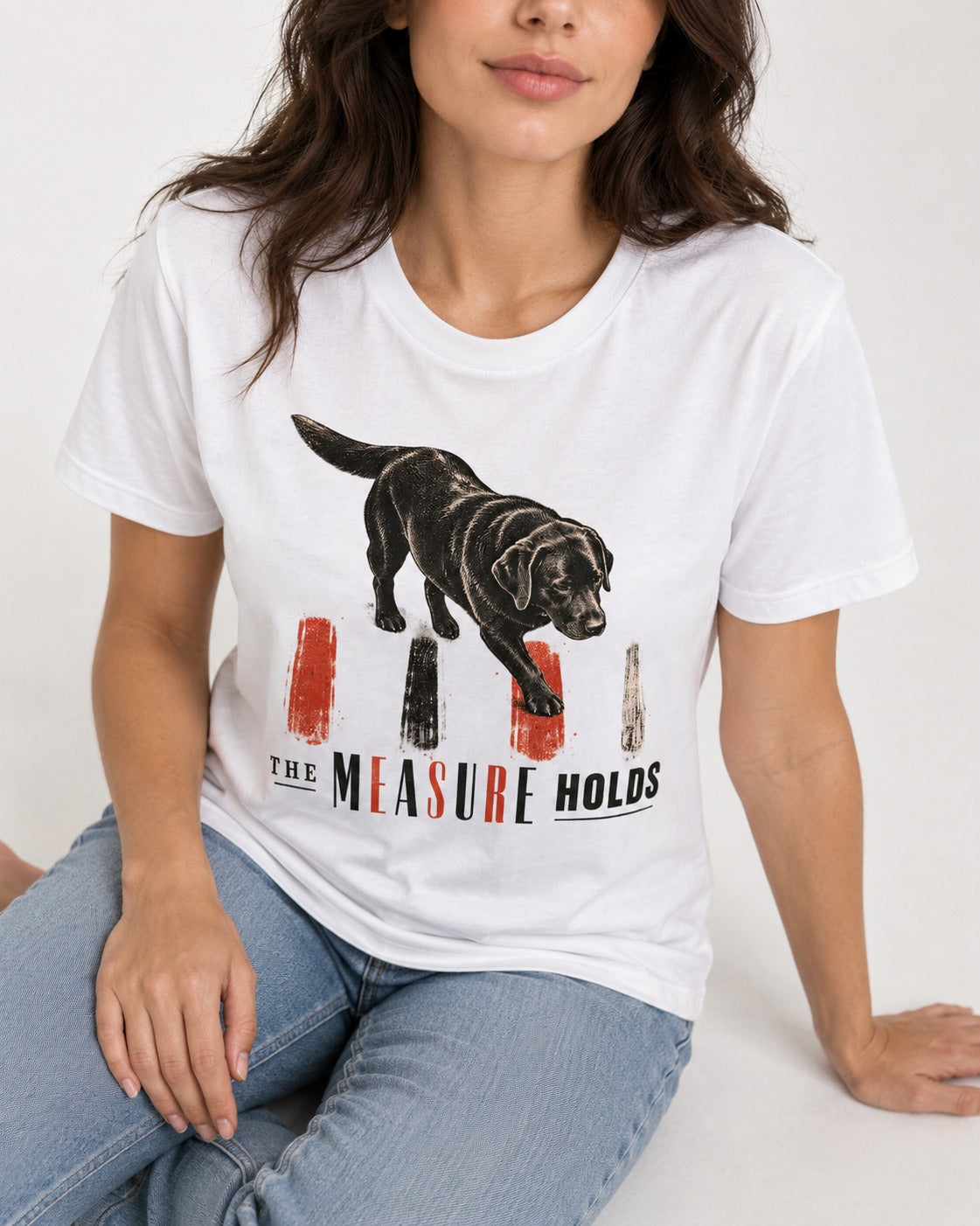 Labrador Retriever The Measure Holds T-Shirt in White, worn by a seated model