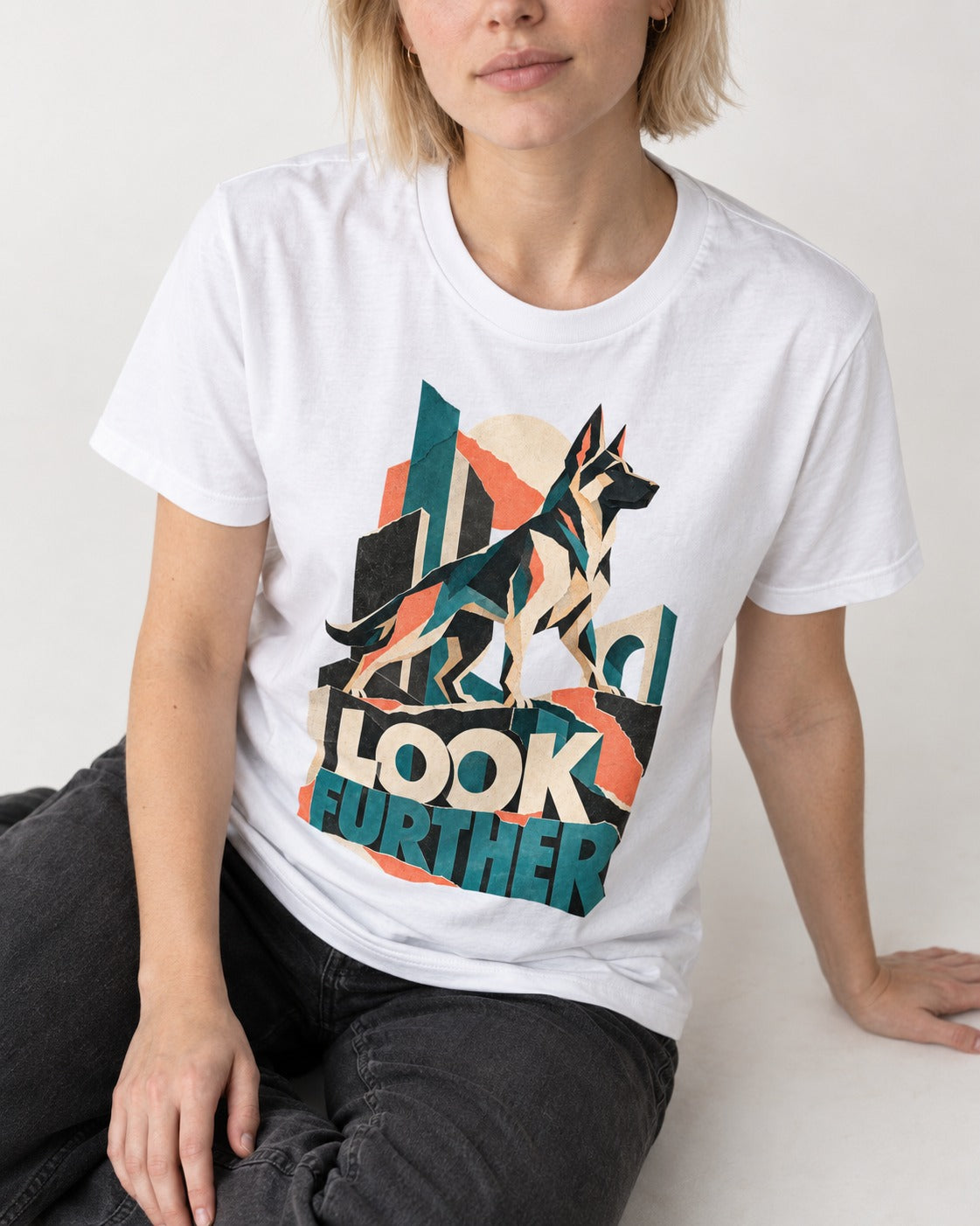 Look Further German Shepherd Dog T-Shirt in White, worn by a seated model
