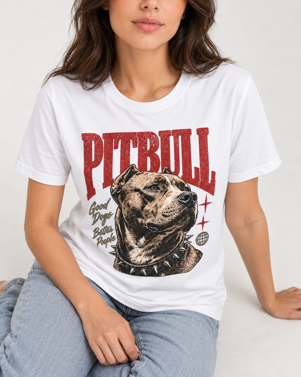 Pitbull Makes Better People T-Shirt in White, worn by a seated model