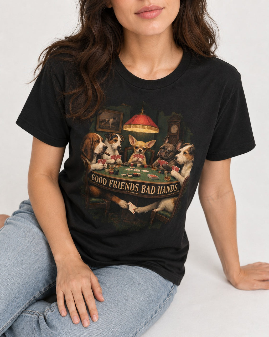 Good Friends Bad Hands Chihuahua Poker Scene T-Shirt in Black, worn by a seated model